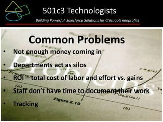 501c3 Technologists
                Building Powerful Salesforce Solutions for Chicago’s nonprofits




            Common Problems
•   Notenough money coming in, no coming in
     Not enough money communication between
     departments, no one knows what efforts produced our
•    funding and what those efforts cost, our staff don’t have the
    Departments act as silos
     time to document their work, we can’t keep track of who
     comes to our events and whether they volunteer or donate or
•   ROI – total cost of labor and effort vs. gains
     just eat our appetizers.


•   Staff don’t have time to document their work
•   Tracking
                                 www.501c3technologists.com
 