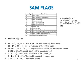 SAM FLAGS
• Example Flag = 99
• 99 < 128, 256, 512, 1024, 2048 … so all these flags don’t apply
• 99 > 64 … {99 – 64 = 35} … This read is the first in a pair
• 35 > 32 … {35 – 32 = 3} … The paired mate read is on the reverse strand
• 3 < 16 … {3} … This read is not on the reverse strand
• 3 < 8 … {3} … The paired mate read is not unmapped
• 3 > 2 … {3 – 2 = 1} … The read is mapped in proper pair
• 1 = 1 … {1 – 1 = 0} … The read is paired 18
# Flag Description
1 1 Read paired
2 2 Read mapped in proper pair
3 4 Read unmapped
4 8 Mate unmapped
5 16 Read reverse strand
6 32 Mate reverse strand
7 64 First in pair
8 128 Second in pair
9 256 Not primary alignment
10 512 Read fails platform/vendor quality checks
11 1024 Read is PCR or optical duplicate
12 2048 Supplementary alignment
8 > (4+2+1) = 7
16 > (8+4+2+1) = 15
32 > (16+8+4+2+1) = 31
etc
 