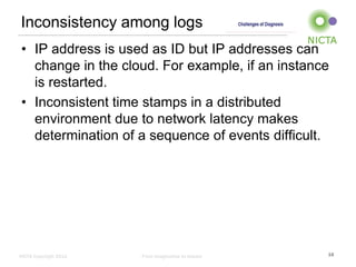 Inconsistency among logs
• IP address is used as ID but IP addresses can
change in the cloud. For example, if an instance
is restarted.
• Inconsistent time stamps in a distributed
environment due to network latency makes
determination of a sequence of events difficult.

NICTA Copyright 2012

From imagination to impact

16

 