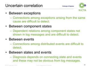 Uncertain correlation
• Between exceptions
– Connections among exceptions arising from the same
cause are difficult to detect.

• Between component states
– Dependent relations among component states not
shown in log messages and are difficult to detect.

• Between events
– Connections among distributed events are difficult to
detect.

• Between states and events
– Diagnosis depends on connecting state and events
and these may not be obvious from log messages.
NICTA Copyright 2012

From imagination to impact

18

 