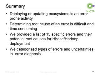 Summary
• Deploying or updating ecosystems is an error
prone activity
• Determining root cause of an error is difficult and
time consuming
• We provided a list of 15 specific errors and their
potential root causes for Hbase/Hadoop
deployment
• We categorized types of errors and uncertainties
in error diagnosis

NICTA Copyright 2012

From imagination to impact

19

 