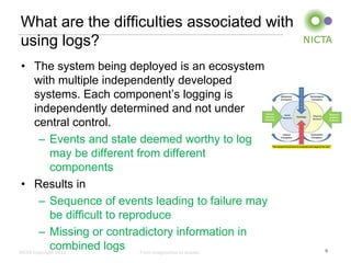 What are the difficulties associated with
using logs?
• The system being deployed is an ecosystem
with multiple independently developed
systems. Each component’s logging is
independently determined and not under
central control.
– Events and state deemed worthy to log
may be different from different
components
• Results in
– Sequence of events leading to failure may
be difficult to reproduce
– Missing or contradictory information in
combined logs From imagination to impact
NICTA Copyright 2012

5

 