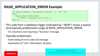 Copyright	©	2018 Oracle	and/or	its	affiliates.	All	rights	reserved.		|
1212
RAISE_APPLICATION_ERROR	Example
IF :NEW.birthdate > ADD_MONTHS (SYSDATE, -1 * 18 * 12)
THEN
RAISE_APPLICATION_ERROR
(-20070, ‘Employee must be 18.’);
END IF;
• This	code	from	a	database	trigger	(indicated	by	":NEW")	shows	a	typical	
(and	typically	problematic)	usage	of	RAISE_APPLICATION_ERROR.
– It's	a	business	rule	requiring	a	"business"	message.
• Typically	problematic:
– Hard-coding	of	error	code	and	message
– Duplication	of	"rule"	information:	18	years.
employee_must_be_18.sql
Livesql.oracle.com search	"raise_application_error"
 