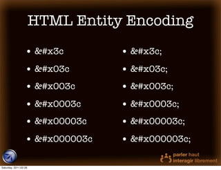 HTML Entity Encoding
                  • &#x3c         • &#x3c;
                  • &#x03c        • &#x03c;
                  • &#x003c       • &#x003c;
                  • &#x0003c      • &#x0003c;
                  • &#x00003c     • &#x00003c;
                  • &#x000003c    • &#x000003c;

Saturday, 2011-02-26
 