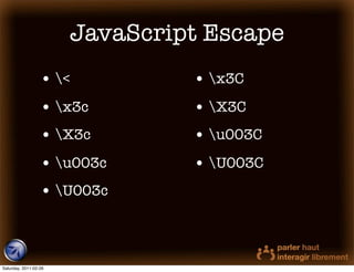 JavaScript Escape
                  • <          • x3C
                  • x3c        • X3C
                  • X3c        • u003C
                  • u003c      • U003C
                  • U003c



Saturday, 2011-02-26
 
