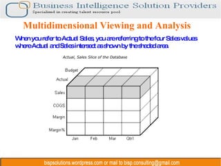 Multidimensional Viewing and Analysis  Actual, Sales Slice of the Database                                                                                     When you refer to Actual Sales, you are referring to the four Sales values where Actual and Sales intersect as shown by the shaded area. 