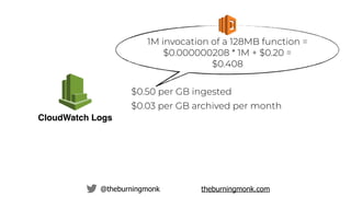 @theburningmonk theburningmonk.com
CloudWatch Logs
$0.50 per GB ingested
$0.03 per GB archived per month
1M invocation of a 128MB function =
$0.000000208 * 1M + $0.20 =
$0.408
 