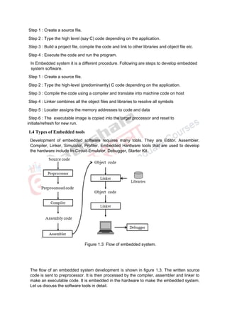 Step 1 : Create a source file.
Step 2 : Type the high level (say C) code depending on the application.
Step 3 : Build a project file, compile the code and link to other libraries and object file etc.
Step 4 : Execute the code and run the program.
In Embedded system it is a different procedure. Following are steps to develop embedded
system software.
Step 1 : Create a source file.
Step 2 : Type the high-level (predominantly) C code depending on the application.
Step 3 : Compile the code using a compiler and translate into machine code on host
Step 4 : Linker combines all the object files and libraries to resolve all symbols
Step 5 : Locater assigns the memory addresses to code and data
Step 6 : The executable image is copied into the target processor and reset to
initiate/refresh for new run.
1.4 Types of Embedded tools
Development of embedded software requires many tools. They are Editor, Assembler,
Compiler, Linker, Simulator, Profiler. Embedded Hardware tools that are used to develop
the hardware include In-Circuit-Emulator, Debugger, Starter Kit.
Figure 1.3 Flow of embedded system.
The flow of an embedded system development is shown in figure 1.3. The written source
code is sent to preprocessor. It is then processed by the compiler, assembler and linker to
make an executable code. It is embedded in the hardware to make the embedded system.
Let us discuss the software tools in detail.
 