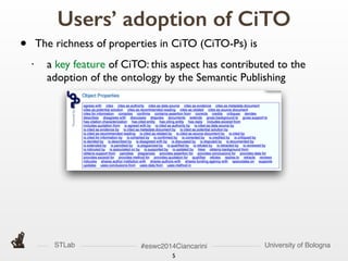 STLab University of Bologna#eswc2014Ciancarini
• The richness of properties in CiTO (CiTO-Ps) is 	

• a key feature of CiTO: this aspect has contributed to the
adoption of the ontology by the Semantic Publishing
Users’ adoption of CiTO
5
 