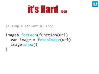 //  simple  sequential  loop
images.forEach(function(url)
var  image  =  fetchImage(url)
image.show()
}
loopit’s Hard
 