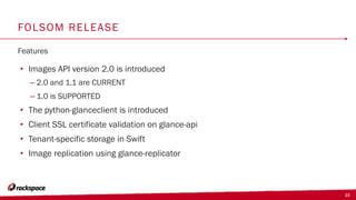 23
FOLSOM RELEASE
Features
•  Images API version 2.0 is introduced
– 2.0 and 1.1 are CURRENT
– 1.0 is SUPPORTED
•  The python-glanceclient is introduced
•  Client SSL certificate validation on glance-api
•  Tenant-specific storage in Swift
•  Image replication using glance-replicator
 