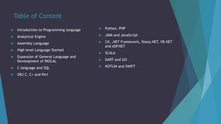 Table of Content
 Introduction to Programming language
 Analytical Engine
 Assembly Language
 High level Language Started
 Expansion of General Language and
Development of PASCAL
 C language and SQL
 OBJ C, C+ and Perl
 Python, PHP
 JAVA and JavaScript
 C#, .NET Framework, Sharp.NET, VB.NET
and ASP.NET
 SCALA
 DART and GO
 KOTLIN and SWIFT
 