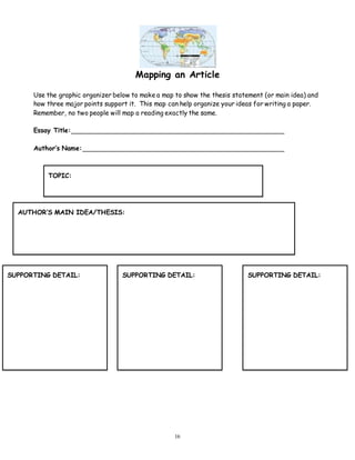 Mapping an Article 
Use the graphic organizer below to make a map to show the thesis statement (or main idea) and 
how three major points support it. This map can help organize your ideas for writing a paper. 
Remember, no two people will map a reading exactly the same. 
16 
Essay Title: 
Author’s Name: 
TOPIC: 
AUTHOR’S MAIN IDEA/THESIS: 
SUPPORTING SUPPORTING DETAIL: SUPPORTING DETAIL: DETAIL: 
 