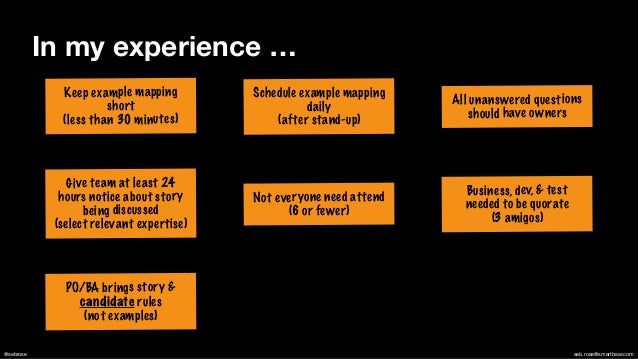 @sebrose seb.rose@smartbear.com
Keep example mapping
short


(less than 30 minutes)
Not everyone need attend
(6 or fewer)
All unanswered questions
should have owners
Schedule example mapping
daily


(after stand-up)
Business, dev, & test
needed to be quorate


(3 amigos)
PO/BA brings story &
candidate rules


(not examples)
Give team at least 24
hours notice about story
being discussed


(select relevant expertise)
In my experience …
 