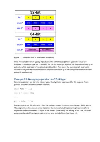 Figure 17 - Representation of array items in memory

Note. The size of the enum type by default coincides with the size of the int type in the Visual C++
compiler, i.e. the enum type is a 32-bit type. You can use enum of a different size only with the help of an
extension which is considered non-standard in Visual C++. That is why the given example is correct in
Visual C++ but from the viewpoint of other compilers conversion of an int-item pointer to an enum-item
pointer is also incorrect.


Example 20. Wrapping a pointer in a 32-bit type
Sometimes pointers are stored in integer types. Usually the int type is used for this purpose. This is
perhaps one of the most frequent 64-bit errors.

char *ptr = ...;

int n = (int) ptr;

...

ptr = (char *) n;

In a 64-bit program, this is incorrect since the int type remains 32-bit and cannot store a 64-bit pointer.
The programmer often cannot notice it at once. Due to mere luck, the pointer might always refer to
objects located within the first 4 Gbytes of the address space during the testing. In this case, the 64-bit
program will work efficiently and crash only in a large period of time (see Figure 18).
 