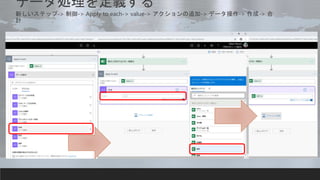 データ処理を定義する
新しいステップ-> 制御-> Apply to each-> value-> アクションの追加-> データ操作-> 作成-> 合
計
 