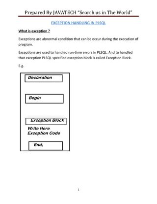 Prepared By JAVATECH “Search us in The World”
1
EXCEPTION HANDLING IN PLSQL
What is exception ?
Exceptions are abnormal condition that can be occur during the execution of
program.
Exceptions are used to handled run-time errors in PLSQL. And to handled
that exception PLSQL specified exception block is called Exception Block.
E.g.
 