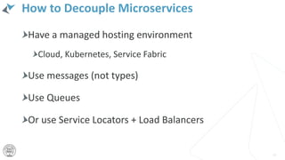 How to Decouple Microservices
Have a managed hosting environment
Cloud, Kubernetes, Service Fabric
Use messages (not types)
Use Queues
Or use Service Locators + Load Balancers
20
 