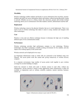 International Journal on Computational Sciences & Applications (IJCSA) Vol.4, No.1, February 2014
198
Flexibility
Wireless technology enables students and faculty to access information from anywhere, anytime.
Students and staffs can access information indoor and outdoor without having physically in plug
to network. Whether you are in a library, hostel, lab, classroom, ground, and corridor wireless
technology allows you to communicate with other students, teachers, administrators and the staff.
Deployment
Wireless technology removes the physical obstacles that are in wired deployment. There is no
need of wire in wireless technology that makes it easier to setup, maintain and integrate with
other technologies.
Cost
Wireless is time and cost effective technique because it eliminates the high cost of installing
different types of wire communication media.
Performance
Wireless technology provides high performance compare to wire technology. Wireless
technologies also help in preparing a suitable working environment for the students, and also
improve the working capacity of the current staff.
Wireless network can be deployed in two ways:-
(a) Single-hop infrastructure mode in which APs are connected to the backhaul using wire
Ethernet. The access points work like central hub, giving connectivity to wireless devices,
computer .
In a corporate environment, large number of access points work together to give wireless
coverage for an entire building or campus.
(b)Ad hoc network in which each node is directly connect to each other, without any
infrastructure. Ad hoc network is useful in many applications where infrastructure is either not
available, or impractical, such as: military, scientific, academic, natural, maritime, business-
related, etc
Figure1: Infrastructure and peer to peer mode for WLAN’s
 