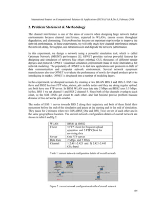International Journal on Computational Sciences & Applications (IJCSA) Vol.4, No.1, February 2014
199
2. Problem Statement & Methodology
The channel interference is one of the areas of concern when designing large network indoor
environments because channel interference, expected in WLANs, causes severe throughput
degradation, and eliminating. This problem has become an important step in order to improve the
network performance. In these experiments, we will only study how channel interference impacts
the network delay, throughput, and retransmission and degrade the network performance.
In this experiment, we design a network using a powerful simulation tool, which is called
Optimum Network (OPENT) performance [1]. OPNET provides various powerful features for
designing and simulation of network like object oriented, GUI, thousands of different vender
devices and protocol. OPNET visualized simulation environment make it more intercalative for
network modeling. The popularity of OPNET is to test new applications and protocols in field of
data communication and computer network environment. Several network equipment
manufacturers also use OPNET to evaluate the performance of newly developed products prior to
introducing in market. OPNET is structured into a number of modeling layers.
In this experiment, we designed scenario by creating a two WLAN BSS 1 and BSS 2. BSS1 has
three and BSS2 has two FTP wlan_station_adv mobile nodes and they are doing regular upload,
and both have one FTP server. In BSS1 WLAN uses data rate 2 Mbps and BSS2 uses 5.5 Mbps.
In this, BSS 1 we set channel 1 and BSS 2 channel 5. Since both of the channels overlap to each
other, so the both IBSSs get closer to each other, and that become precise problem because
distance of two networks gets smaller.
The nodes of BSS 1 moves towards BSS 2 along their trajectory and both of them finish their
movement before the end of the simulation and pause at the starting and in the mid of simulation.
They pause for 2 minutes when two BSSs (BSS_One and BSS_Two) on top of each other and in
the same geographical location. The current network configuration details of overall network are
shown in table1 and fig 2.
WLAN IBSS1 & IBSS2
Client 5 FTP client for frequent upload
operation and 5 FTP Client for
receiving data
Server One FTP server
Data Rate 2 Mbps and 5 Mbps
Channel 1(2.401-2.423 and 5( 2.421-2.443
GHz band
Table 1: current network configuration details of overall network
Figure 2: current network configuration details of overall network
 