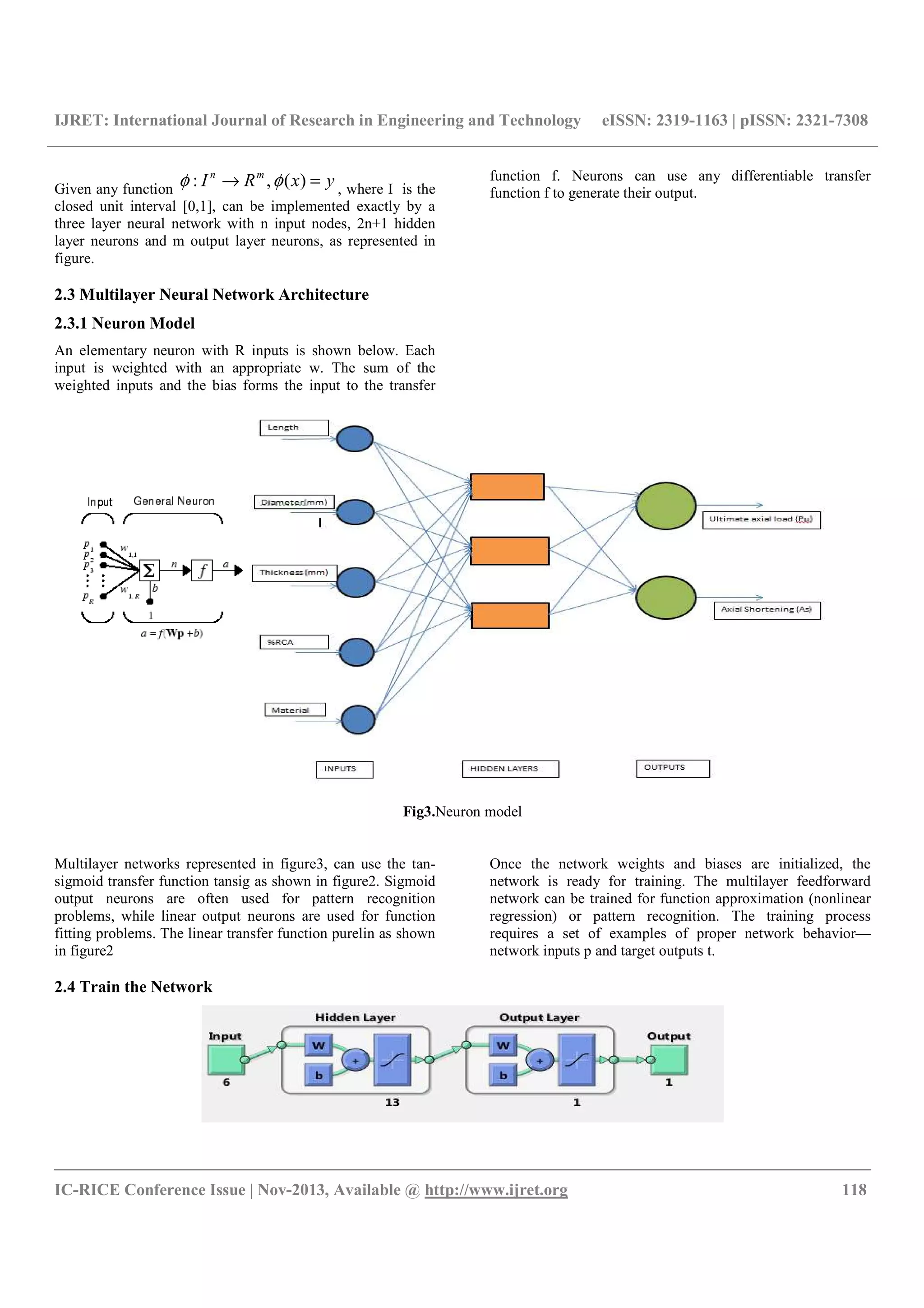 IJRET: International Journal of Research in Engineering and Technology eISSN: 2319-1163 | pISSN: 2321-7308
__________________________________________________________________________________________
IC-RICE Conference Issue | Nov-2013, Available @ http://www.ijret.org 118
Given any function
yxRI mn
=→ )(,: φφ , where I is the
closed unit interval [0,1], can be implemented exactly by a
three layer neural network with n input nodes, 2n+1 hidden
layer neurons and m output layer neurons, as represented in
figure.
2.3 Multilayer Neural Network Architecture
2.3.1 Neuron Model
An elementary neuron with R inputs is shown below. Each
input is weighted with an appropriate w. The sum of the
weighted inputs and the bias forms the input to the transfer
function f. Neurons can use any differentiable transfer
function f to generate their output.
Fig3.Neuron model
Multilayer networks represented in figure3, can use the tan-
sigmoid transfer function tansig as shown in figure2. Sigmoid
output neurons are often used for pattern recognition
problems, while linear output neurons are used for function
fitting problems. The linear transfer function purelin as shown
in figure2
2.4 Train the Network
Once the network weights and biases are initialized, the
network is ready for training. The multilayer feedforward
network can be trained for function approximation (nonlinear
regression) or pattern recognition. The training process
requires a set of examples of proper network behavior—
network inputs p and target outputs t.
 