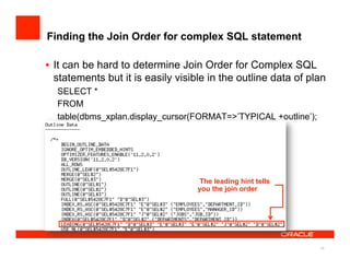 Finding the Join Order for complex SQL statement

•  It can be hard to determine Join Order for Complex SQL
   statements but it is easily visible in the outline data of plan
  SELECT *
  FROM
  table(dbms_xplan.display_cursor(FORMAT=>’TYPICAL +outline’);




                                   The leading hint tells
                                   you the join order




                                                                 39
 