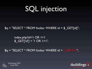 SQL injection $q = &quot;SELECT * FROM foobar WHERE id = $_GET[id]&quot;; index.php?id=1 OR 1=1 $_GET['id'] = '1 OR 1=1'; $q = &quot;SELECT * FROM foobar WHERE id =  1 OR 1=1 &quot;; 