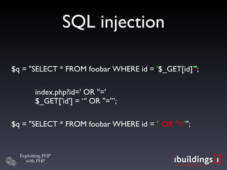 SQL injection $q = &quot;SELECT * FROM foobar WHERE id =  ' $_GET[id] ' &quot;; index.php?id=' OR ''=' $_GET['id'] = “' OR ''='”; $q = &quot;SELECT * FROM foobar WHERE id =  ' ' OR ''=' ' &quot;; 
