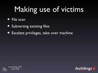 Making use of victims File scan Subverting existing files Escalate privileges, take over machine 
