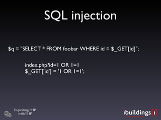 SQL injection $q = &quot;SELECT * FROM foobar WHERE id = $_GET[id]&quot;; index.php?id=1 OR 1=1 $_GET['id'] = '1 OR 1=1'; 