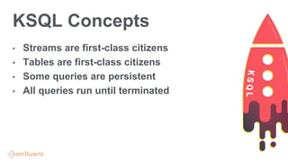 KSQL Concepts
• Streams are first-class citizens
• Tables are first-class citizens
• Some queries are persistent
• All queries run until terminated
 