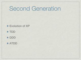 Second Generation

Evolution of XP

TDD

DDD

ATDD
 