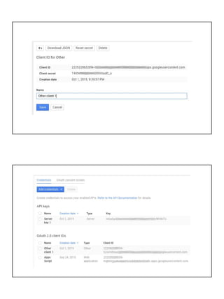 General OAuth2 process
● Goal: valid access token == 3rd-party API data access
● How OAuth2 works (in general)
○ Step 1: Create OAuth2 credentials in DevConsole
○ Step 2: Send credentials to get access & refresh tokens
○ Step 3: Use access token to make authorized API calls
○ Step 4: Access tokens expire; use refresh to get new one
● developers.google.com/identity/protocols/OAuth2
● Others will be similar (with slight differences)
Authorized API access
 
