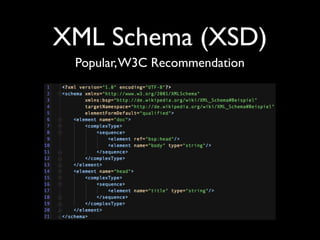 XML Schema (XSD)
 Popular, W3C Recommendation
 