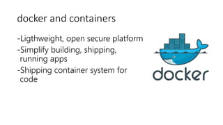 docker and containers
-Ligthweight, open secure platform
-Simplify building, shipping,
running apps
-Shipping container system for
code
 
