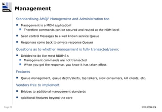 Page 29 www.amqp.org
Management
Standardising AMQP Management and Administration too
 Management is a MOM application!
 Therefore commands can be secured and routed at the MOM level
 Seen control Messages to a well known service Queue
 Responses come back to private response Queues
Questions as to whether management is fully transacted/async
 Decided to do like most RDBMS’s
 Management commands are not transacted
 When you get the response, you know it has taken effect
Features
 Queue management, queue depth/alerts, top talkers, slow consumers, kill clients, etc.
Vendors free to implement
 Bridges to additional management standards
 Additional features beyond the core
 