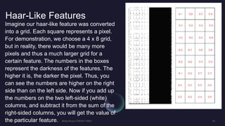 Haar-Like Features
Imagine our haar-like feature was converted
into a grid. Each square represents a pixel.
For demonstration, we choose a 4 x 8 grid,
but in reality, there would be many more
pixels and thus a much larger grid for a
certain feature. The numbers in the boxes
represent the darkness of the features. The
higher it is, the darker the pixel. Thus, you
can see the numbers are higher on the right
side than on the left side. Now if you add up
the numbers on the two left-sided (white)
columns, and subtract it from the sum of the
right-sided columns, you will get the value of
the particular feature.
 