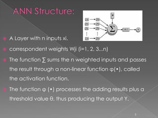    A Layer with n inputs xi.

   correspondent weights Wji (i=1, 2, 3...n)

   The function ∑ sums the n weighted inputs and passes
    the result through a non-linear function φ(•), called
    the activation function.

   The function φ (•) processes the adding results plus a
    threshold value θ, thus producing the output Y.

                                                      5
 