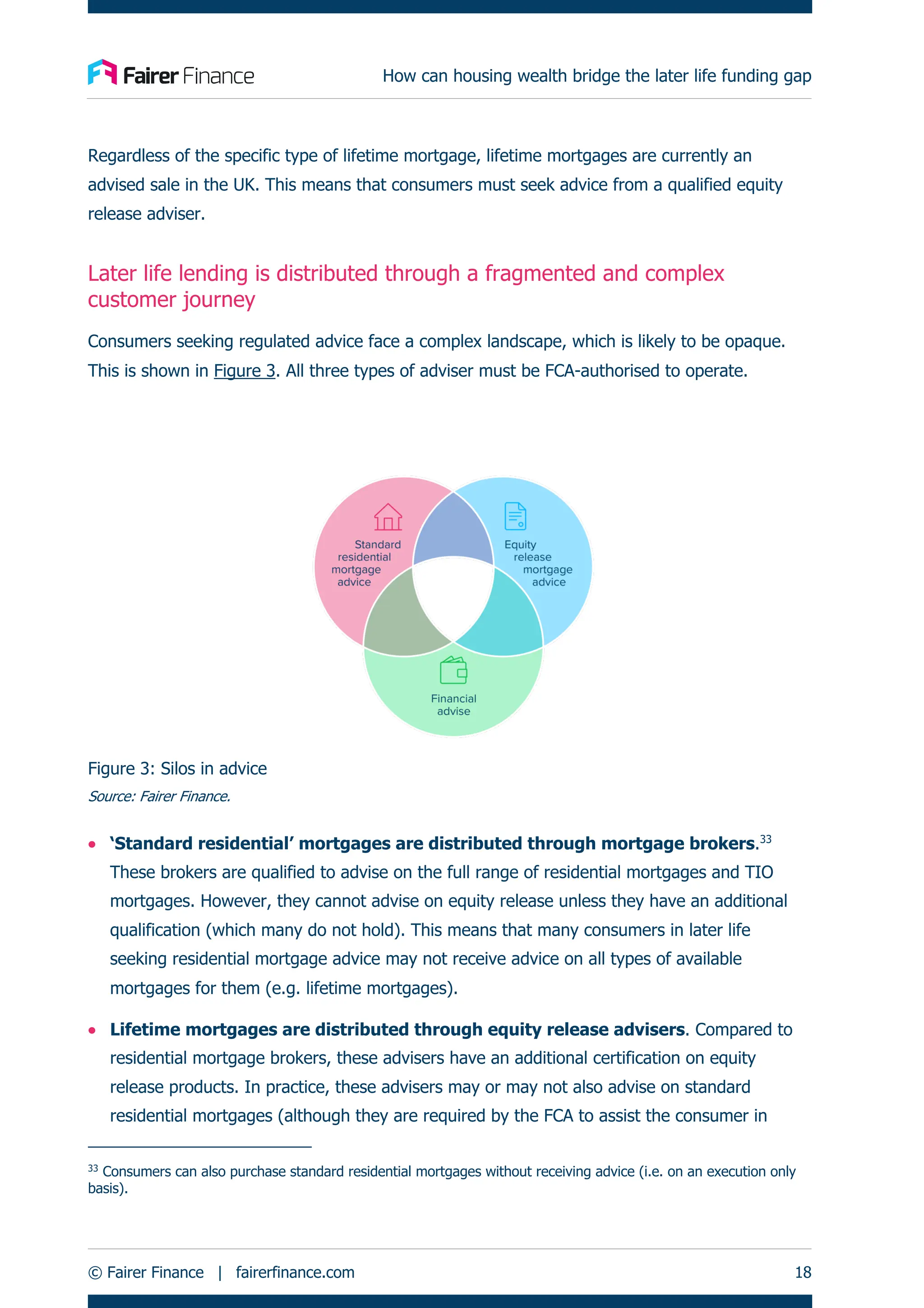 How can housing wealth bridge the later life funding gap
© Fairer Finance | fairerfinance.com 18
Regardless of the specific type of lifetime mortgage, lifetime mortgages are currently an
advised sale in the UK. This means that consumers must seek advice from a qualified equity
release adviser.
Later life lending is distributed through a fragmented and complex
customer journey
Consumers seeking regulated advice face a complex landscape, which is likely to be opaque.
This is shown in Figure 3. All three types of adviser must be FCA-authorised to operate.
Figure 3: Silos in advice
Source: Fairer Finance.
• ‘Standard residential’ mortgages are distributed through mortgage brokers.33
These brokers are qualified to advise on the full range of residential mortgages and TIO
mortgages. However, they cannot advise on equity release unless they have an additional
qualification (which many do not hold). This means that many consumers in later life
seeking residential mortgage advice may not receive advice on all types of available
mortgages for them (e.g. lifetime mortgages).
• Lifetime mortgages are distributed through equity release advisers. Compared to
residential mortgage brokers, these advisers have an additional certification on equity
release products. In practice, these advisers may or may not also advise on standard
residential mortgages (although they are required by the FCA to assist the consumer in
33
Consumers can also purchase standard residential mortgages without receiving advice (i.e. on an execution only
basis).
 