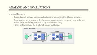 ANALYSIS AND EVALUATIONS
 Neural Network:
 Neural networks consist of simple elements functioning in parallel. These elements are
motivated by biological nervous systems.
 Normally, neural networks are accommodated, or trained, so that a specific input leads
to exact target output, irrespective of the number of input and outputs.
 A hidden layer can act as a connector between input/output pairs.
 