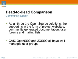 Head-to-Head Comparison
Community support


• As all three are Open Source solutions, the
  support is in the form of project websites,
  community generated documentation, user
  forums and mailing lists

• CAS, OpenSSO and JOSSO all have well
  managed user groups



                    2007 JavaOneSM Conference | Session TS-4604 |   41
 