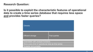 Research Question:
Is it possible to exploit the characteristic features of operational
data to create a time series database that requires less space
and provides faster queries?
5
Chronix
Fast queriesEfficient storage
Extendable with analysis functions
Store every kind of operational data as time series
Scalable and portable
 