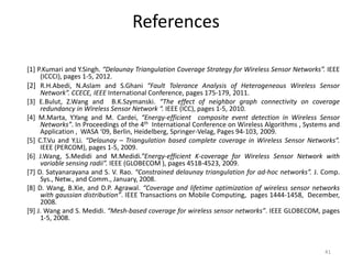 References

[1] P.Kumari and Y.Singh. “Delaunay Triangulation Coverage Strategy for Wireless Sensor Networks”. IEEE
     (ICCCI), pages 1-5, 2012.
[2] R.H.Abedi, N.Aslam and S.Ghani “Fault Tolerance Analysis of Heterogeneous Wireless Sensor
     Network”. CCECE, IEEE International Conference, pages 175-179, 2011.
[3] E.Bulut, Z.Wang and B.K.Szymanski. “The effect of neighbor graph connectivity on coverage
     redundancy in Wireless Sensor Network “. IEEE (ICC), pages 1-5, 2010.
[4] M.Marta, Y.Yang and M. Cardei, “Energy-efficient composite event detection in Wireless Sensor
     Networks”. In Proceedings of the 4th International Conference on Wireless Algorithms , Systems and
     Application , WASA ‘09, Berlin, Heidelberg, Springer-Velag, Pages 94-103, 2009.
[5] C.T.Vu and Y.Li. “Delaunay – Triangulation based complete coverage in Wireless Sensor Networks”.
     IEEE (PERCOM), pages 1-5, 2009.
[6] J.Wang, S.Medidi and M.Medidi.”Energy-efficient K-coverage for Wireless Sensor Network with
     variable sensing radii”. IEEE (GLOBECOM ), pages 4518-4523, 2009.
[7] D. Satyanarayana and S. V. Rao. “Constrained delaunay triangulation for ad-hoc networks”. J. Comp.
     Sys., Netw., and Comm., January, 2008.
[8] D. Wang, B.Xie, and D.P. Agrawal. “Coverage and lifetime optimization of wireless sensor networks
     with gaussian distribution”. IEEE Transactions on Mobile Computing, pages 1444-1458, December,
     2008.
[9] J. Wang and S. Medidi. “Mesh-based coverage for wireless sensor networks”. IEEE GLOBECOM, pages
     1-5, 2008.



                                                                                                  41
 