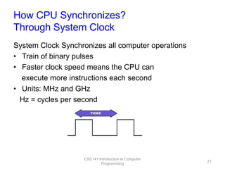 How CPU Synchronizes?
Through System Clock
System Clock Synchronizes all computer operations
• Train of binary pulses
• Faster clock speed means the CPU can
execute more instructions each second
• Units: MHz and GHz
Hz = cycles per second

CSC141 Introduction to Computer
Programming

21

 