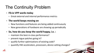 • FD.io VPP works today
• Great external and internal performance metrics
• The world keeps moving on
• New functions and features are being added continuously
• New generations of hardware are showing up periodically
• So, how do you keep the world happy, i.e. :
• maintain the best-in-class performance?
• prevent rogue patches going in?
• qualify further optimizations of existing code?
• quantify HW accelerators, processors, device setting changes?
The Continuity Problem
 