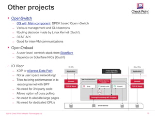 ©2015 Check Point Software Technologies Ltd. 12
Other projects
 OpenSwitch
̶ OS with Main component: DPDK based Open vSwitch
̶ Various management and CLI daemons
̶ Routing decision made by Linux Kernel (Ouch!)
̶ REST API
̶ Good for inter-VM communications
 OpenOnload
̶ A user-level network stack from Sloarflare
̶ Depends on Solarflare NICs (Ouch!)
• IO Visor
̶ XDP or eXpress Data Path
̶ Not a user space networking!
̶ Tries to bring performance in to
existing kernel with BPF
̶ No need for 3rd party code
̶ Allows option of busy polling
̶ No need to allocate large pages
̶ No need for dedicated CPUs
 