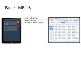 Authentication
User + Password
OAuth: Facebook, Twitter
Parse - MBaaS
 