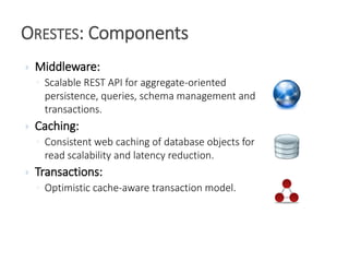  Middleware:
◦ Scalable REST API for aggregate-oriented
persistence, queries, schema management and
transactions.
 Caching:
◦ Consistent web caching of database objects for
read scalability and latency reduction.
 Transactions:
◦ Optimistic cache-aware transaction model.
ORESTES: Components
 