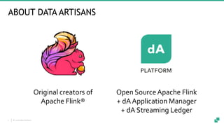 © 2018 data Artisans2
ABOUT DATA ARTISANS
Original creators of
Apache Flink®
Open Source Apache Flink
+ dAApplication Manager
+ dA Streaming Ledger
 