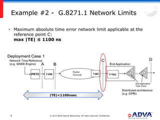 Example #2 - G.8271.1 Network Limits
• Maximum absolute time error network limit applicable at the
reference point C:
max |TE| ≤ 1100 ns

|TE|<1100nsec

6

© 2013 ADVA Optical Networking. All rights reserved. Confidential.

 